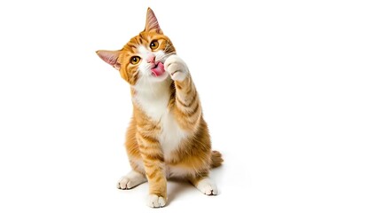 Ginger tabby cat sitting and licking its paw with a white background in a studio setting