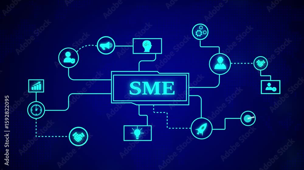 Poster animated futuristic illustration of sme small medium enterprise in a digital network. sme small busi