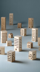 Miniature wooden buildings arranged on a plain surface miniature buildings wooden blocks