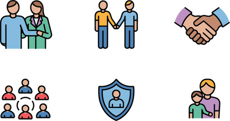 Support handshake group shield child protection icon set for community safety and awareness
