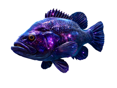A fish with scales resembling galaxies, isolated on transparent background