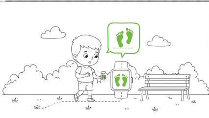 Tracking Progress Illustration of a Boy Checking his Smartwatch for Steps Taken during a Walk