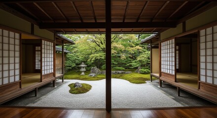 Tranquil view of a japanese zen sand garden with moss from inside a traditional temple