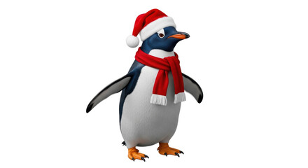 Isolated Penguin with Christmas Hat and Scarf