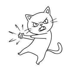 Angry cartoon cat expressing emotions with paw gesture in black and white sketch style