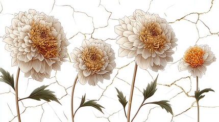 simple drawing of boho kintsugi dahlias isolated white background  