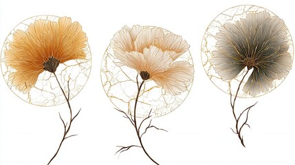 simple drawing of boho kintsugi dahlias isolated white background  