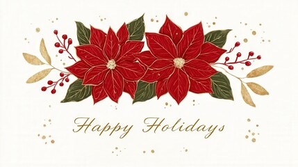 simple drawing of red poinsettias, says " Happy Holidays", isolated white background  for Christmas