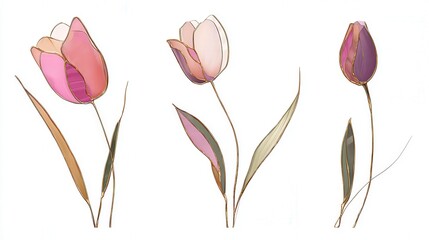 simple drawing of boho kintsugi tulips, isolated white background 