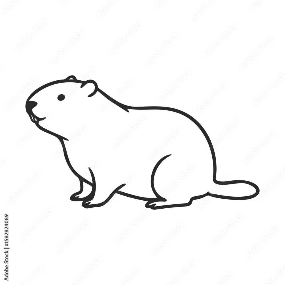 Poster simplistic line art of a groundhog in profile view on clean white background