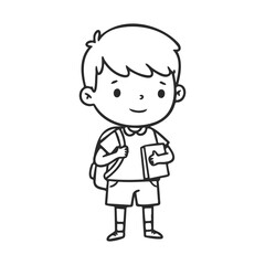 Fototapeta premium Cartoon outline of young caucasian boy with backpack and book