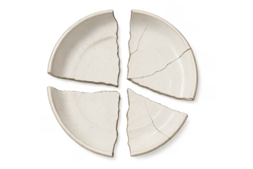 Broken white ceramic plate divided into four pieces on transparent background
