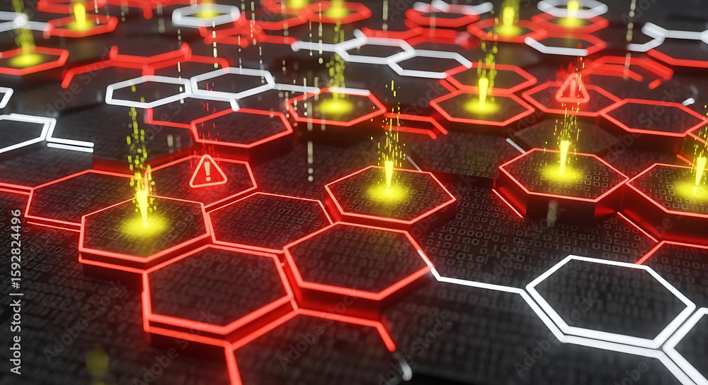 Poster a complex network of glowing hexagons, some flashing red with warning symbols, represents a sophisti