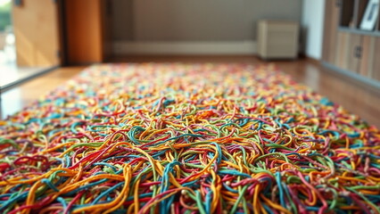 An unusual hand-woven rug made of brightly colored threads on a wooden floor against a softly blurred background.