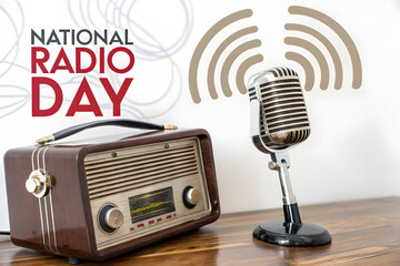 Celebrate National Radio Day with vintage radio and microphone on display for a classic audio broadcast