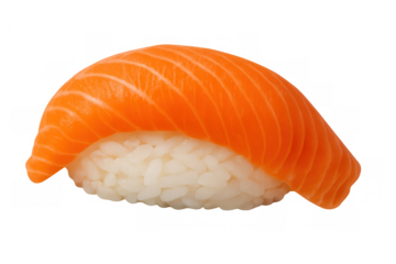 Salmon nigiri resting on a transparent background, showcasing the vibrant color and texture of the fish and rice