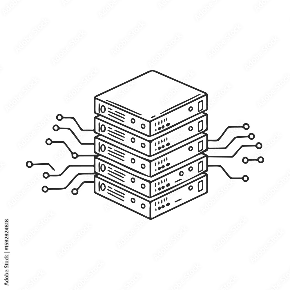 Poster data center network: server rack connection diagram with circuit lines
