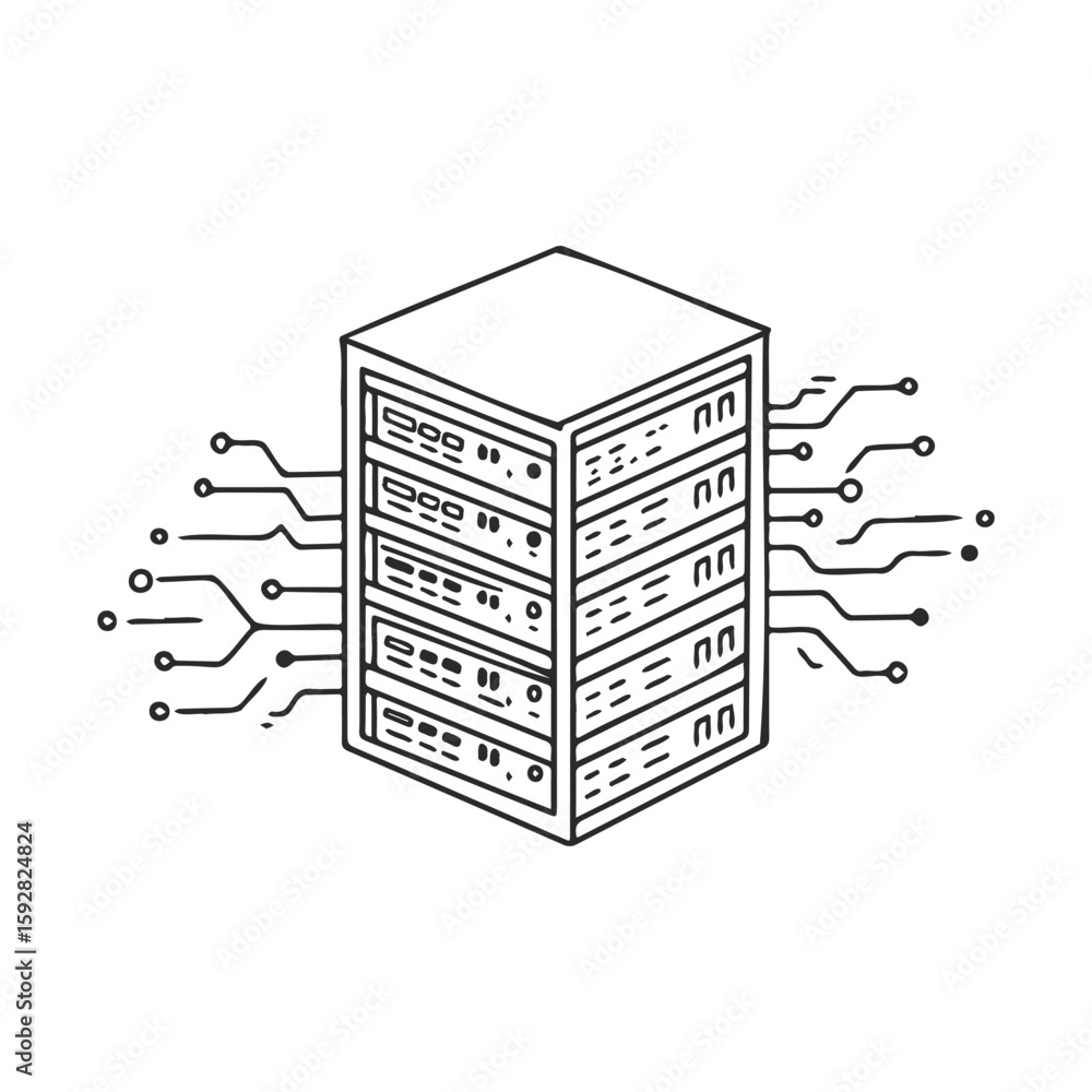 Poster abstract data server tower with circuit connections in black and white outline