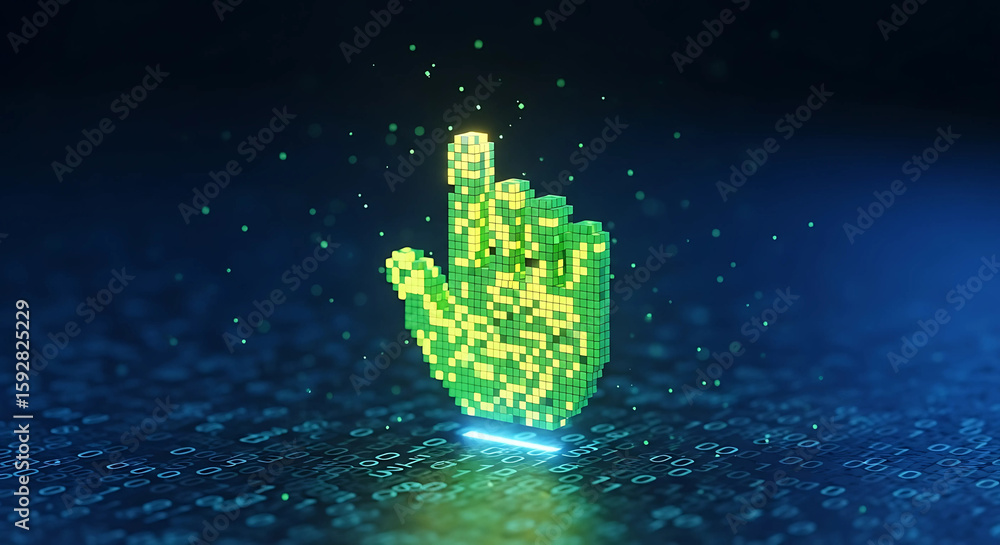 Aufkleber a pixelated green hand hovers over a digital surface of binary code, symbolizing online interaction 