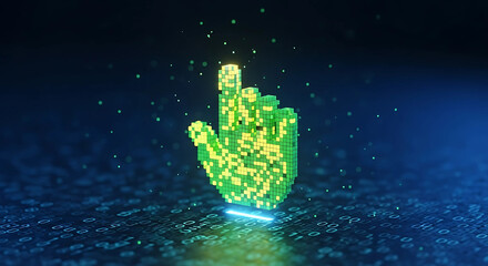 A pixelated green hand hovers over a digital surface of binary code, symbolizing online interaction and technological advancement