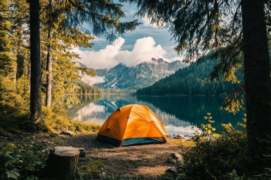 Camping tent near lake, providing serene and picturesque outdoor experience. - Powered by Adobe