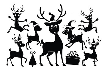 Black silhouette Christmas reindeer characters with Santa hats