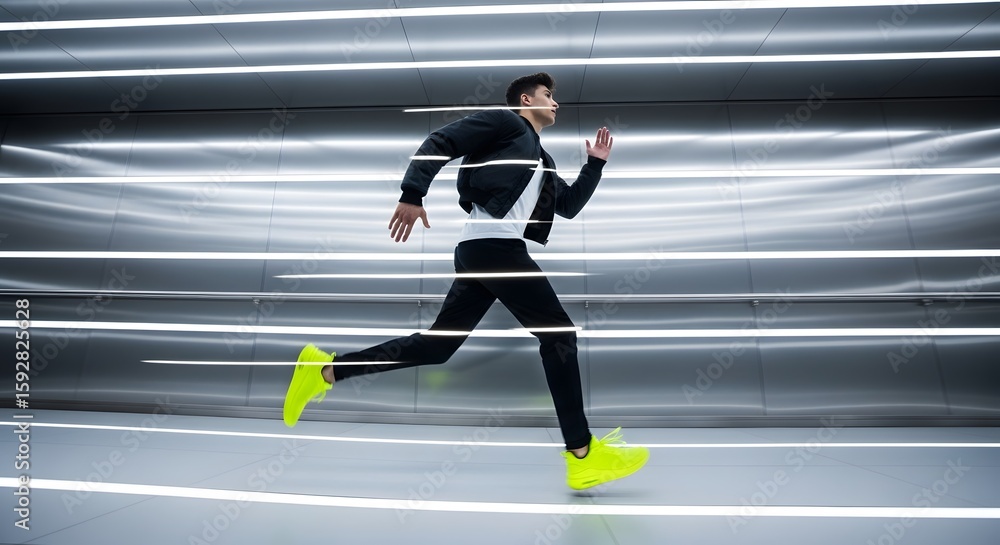 Poster dynamic action shot of a person in motion running through a futuristic tunnel with bright neon shoes