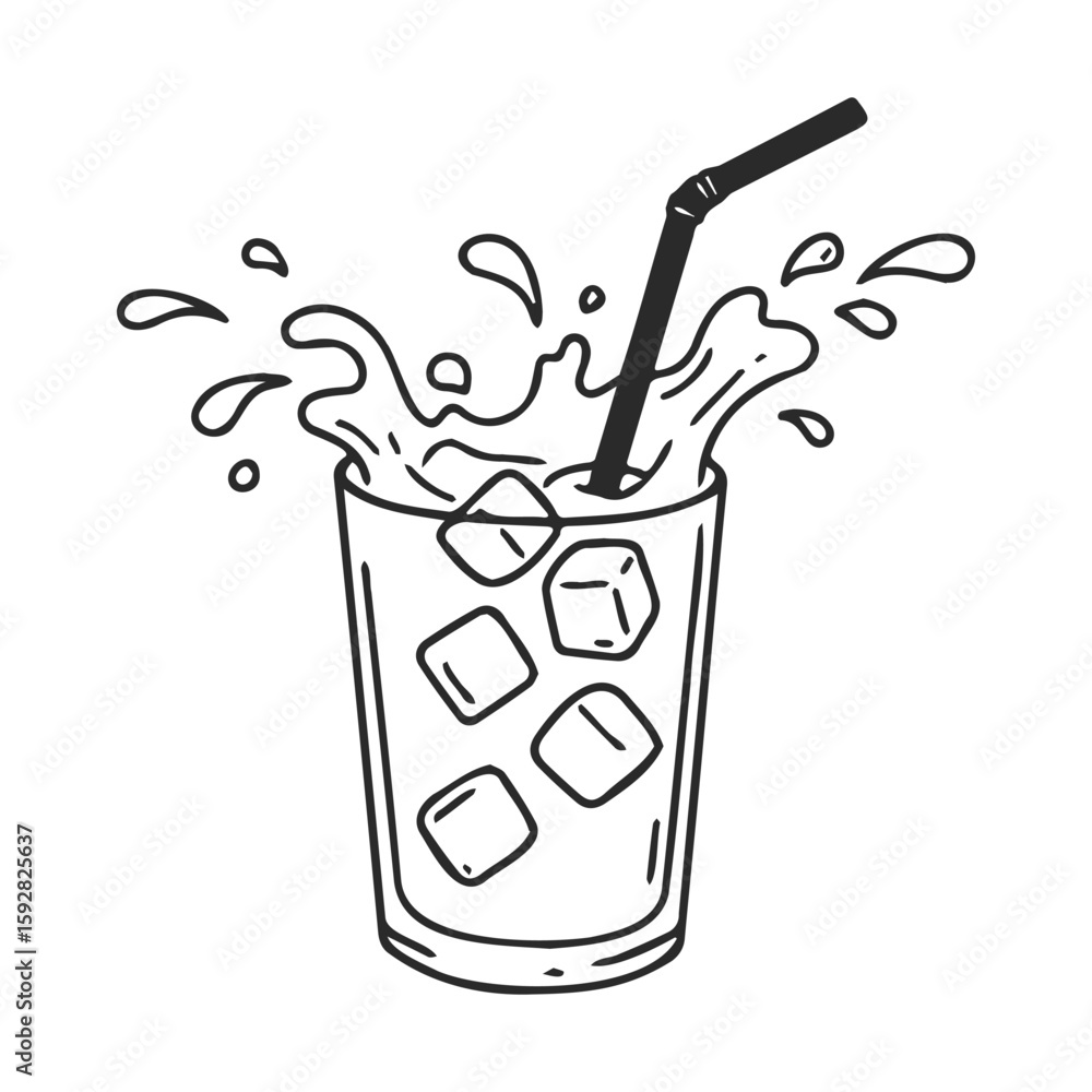 Poster ice cubes and splashing beverage with straw in line art style