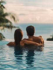 Couple enjoying a romantic time together in a pool with beautiful scenery and palm trees.