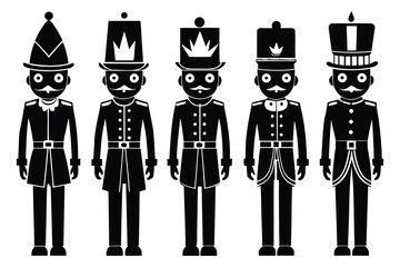 Naklejka premium Black silhouette vector of five nutcracker soldiers