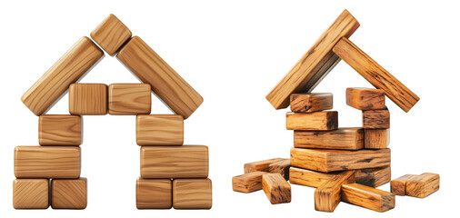 Set of wooden toy blocks forming house shapes symbolizing real estate construction and home ownership, isolated on transparent background
