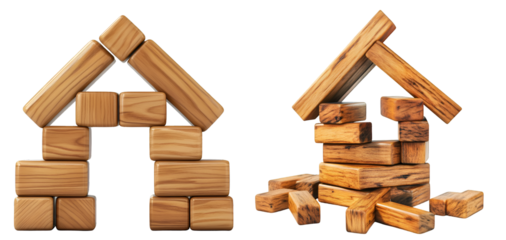 Set of wooden toy blocks forming house shapes symbolizing real estate construction and home ownership, isolated on transparent background
