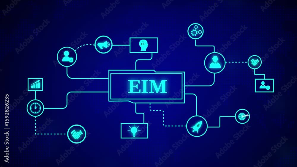 Poster animated eim technology illustration connecting data points across a modern digital interface. futur