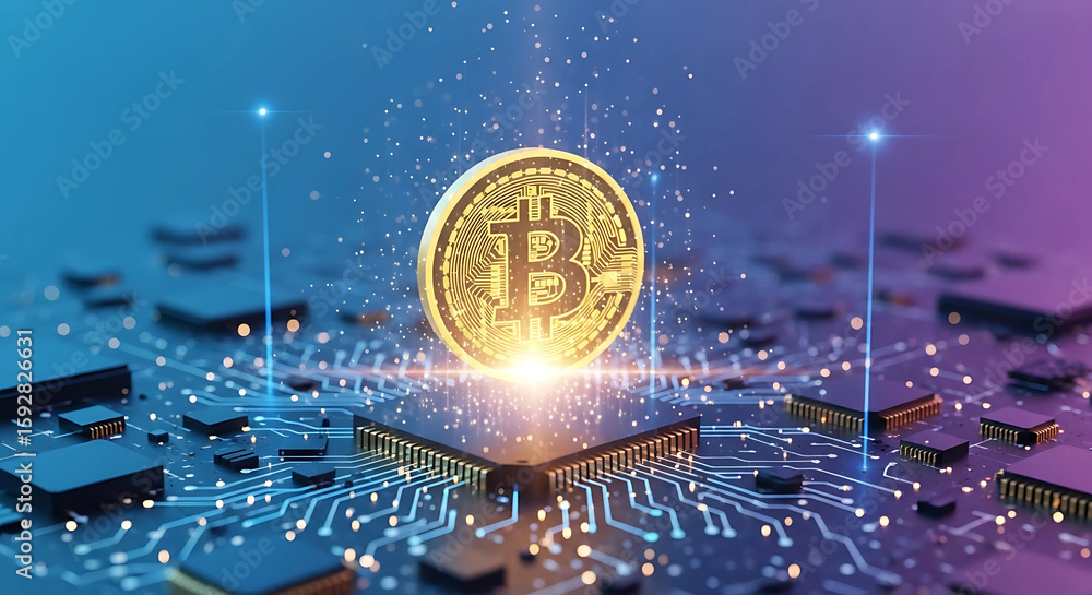 Poster a golden bitcoin coin glows atop a complex circuit board, symbolizing the future of digital currency