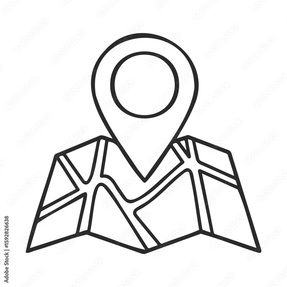 Poster iconic location marker on map representing navigation and geolocation