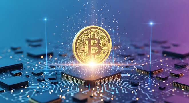 A golden bitcoin coin glows atop a complex circuit board, symbolizing the future of digital currency and blockchain technology