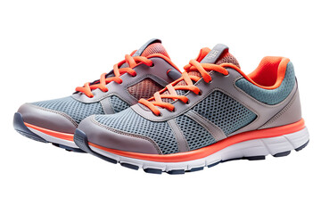 A pair of blue and orange athletic sneakers with gray accents and white soles, isolated on a transparent background