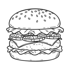 Black and white cartoon burger with lettuce, cheese, and pickles
