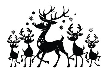 Group of happy black reindeer silhouettes with snowflakes