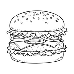 Detailed black and white cheeseburger illustration with lettuce and onions