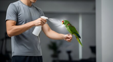 Man spraying water on green parrot. Indoor shot with neutral background shows interaction and care. Bright colors and focus highlight the avian subject.