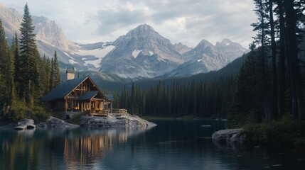 Log cabin near serene lake in alpine wilderness