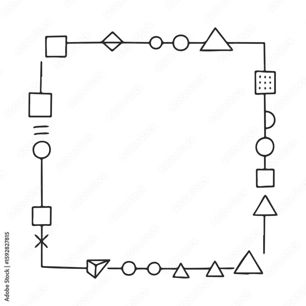 Poster hand-drawn geometric frame with various shapes and patterns in black and white