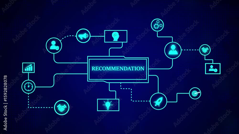 Poster animated digital illustration depicting the concept of recommendation and information flow. recommen