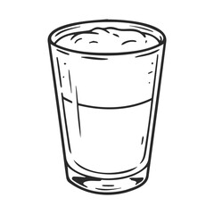 Hand-drawn black and white vector of a glass of milk with foam