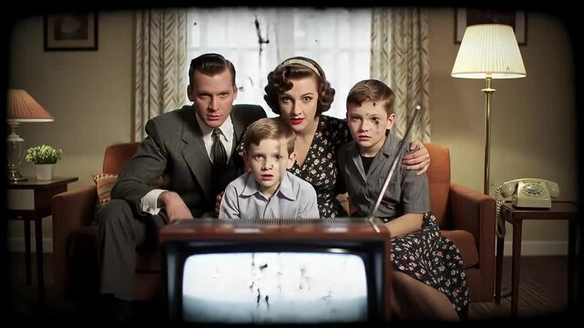1950s family watching TV, vintage home, dust motes