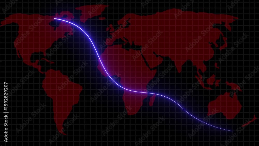 Poster animated glowing neon line connecting continents on red world map background. neon glowing world map