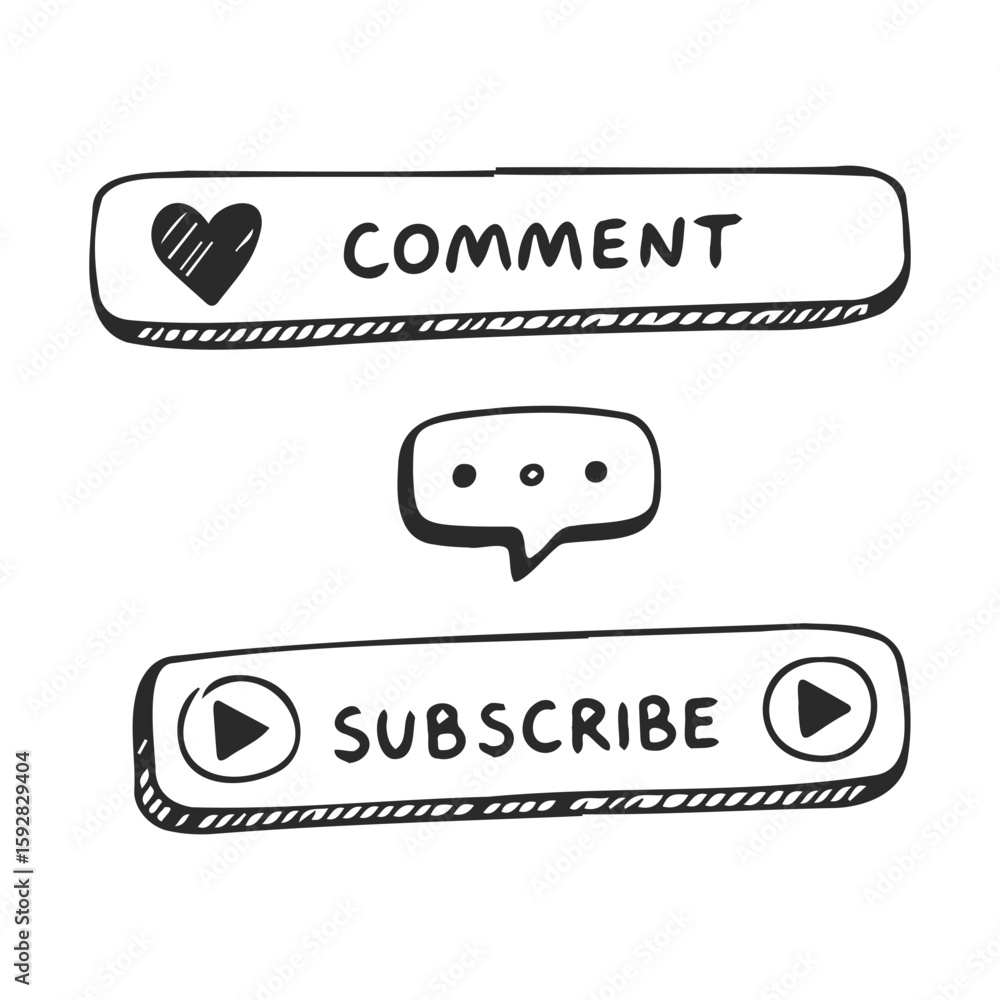 Poster hand-drawn style comment and subscribe buttons with heart and play symbols