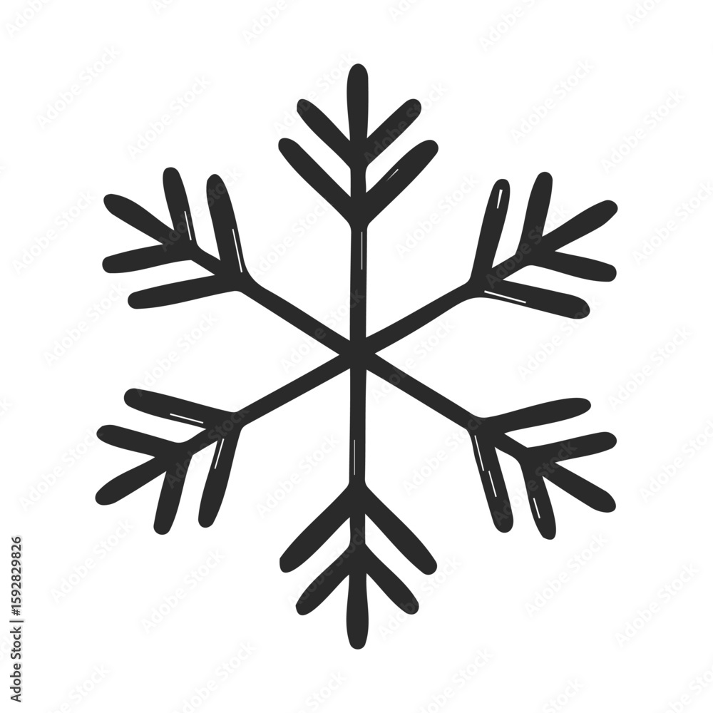 Poster simple black snowflake icon with six symmetric branches on white background