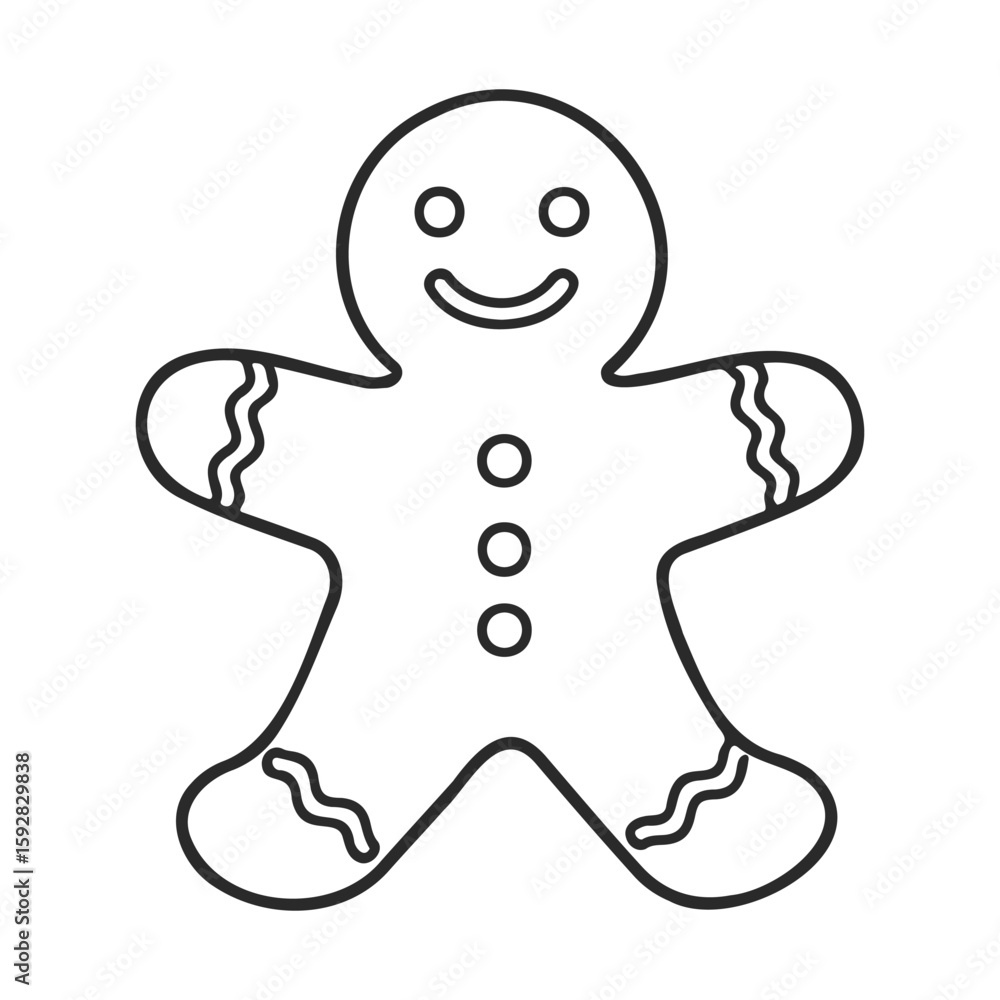 Poster outline of gingerbread man cookie with smiling face and decorative icing pattern